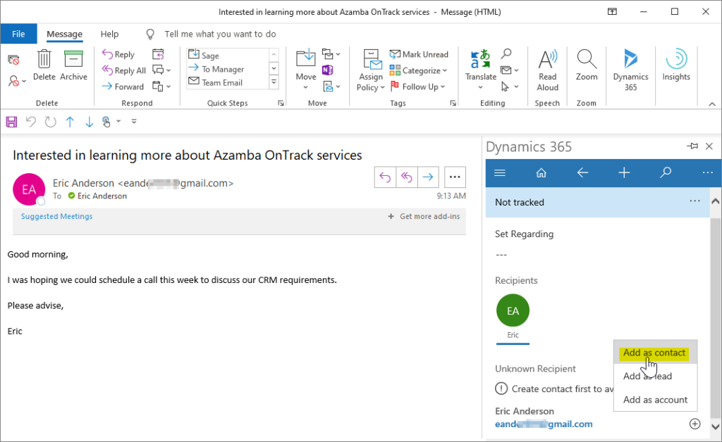 How to Create a Microsoft Dynamics 365 for Sales Contact from Outlook